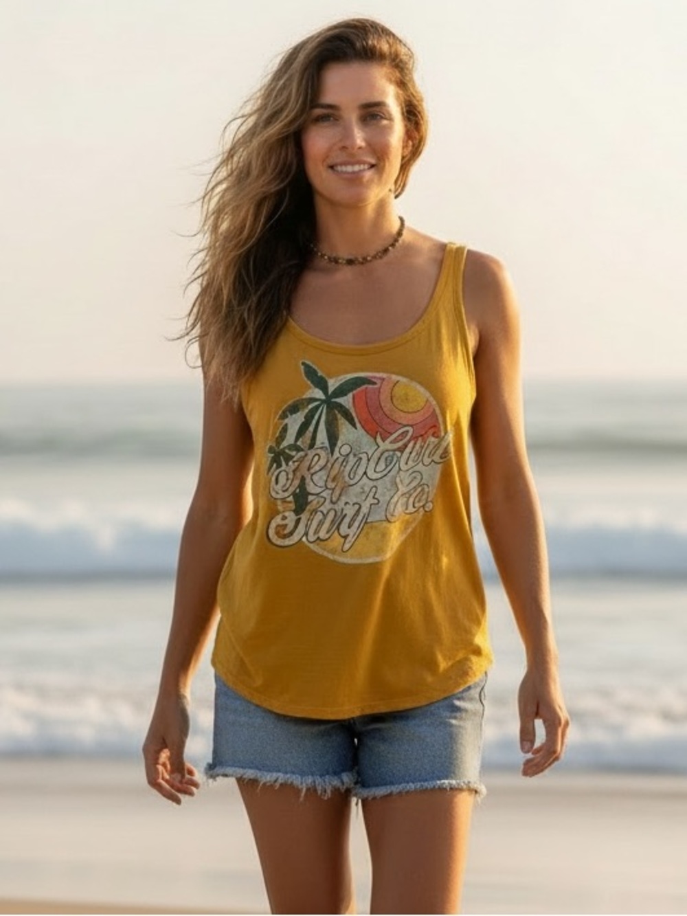 Rip Curl Classic Tropical Palm Graphic Tank Top Medium Mustard Gold Surf Beach